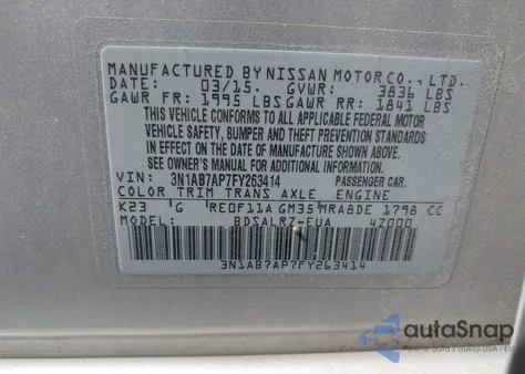 2015 Nissan Sentra Sr из США, поврежденный, VIN 3N1AB7AP7FY263414